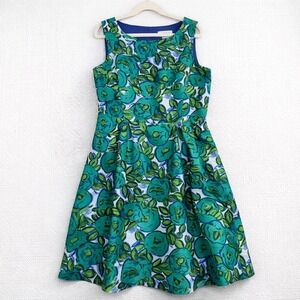 Liz Claiborne Green Blue Floral Rose Fit and Flare Dress Sleeveless Size 16